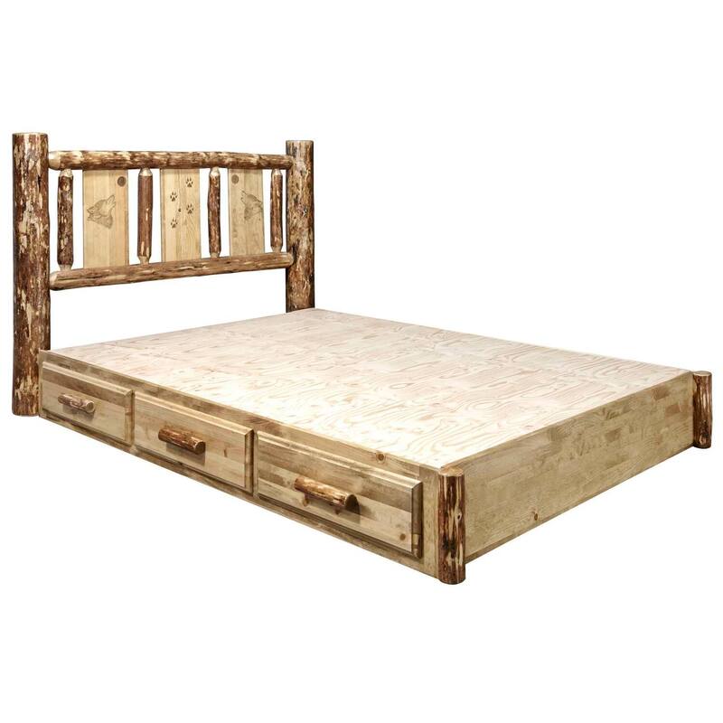 Rustic Platform Bed with Storage & Wolf Design - Solid Pine Wood Bed Frame - Glacier Country Style - 550lb Capacity