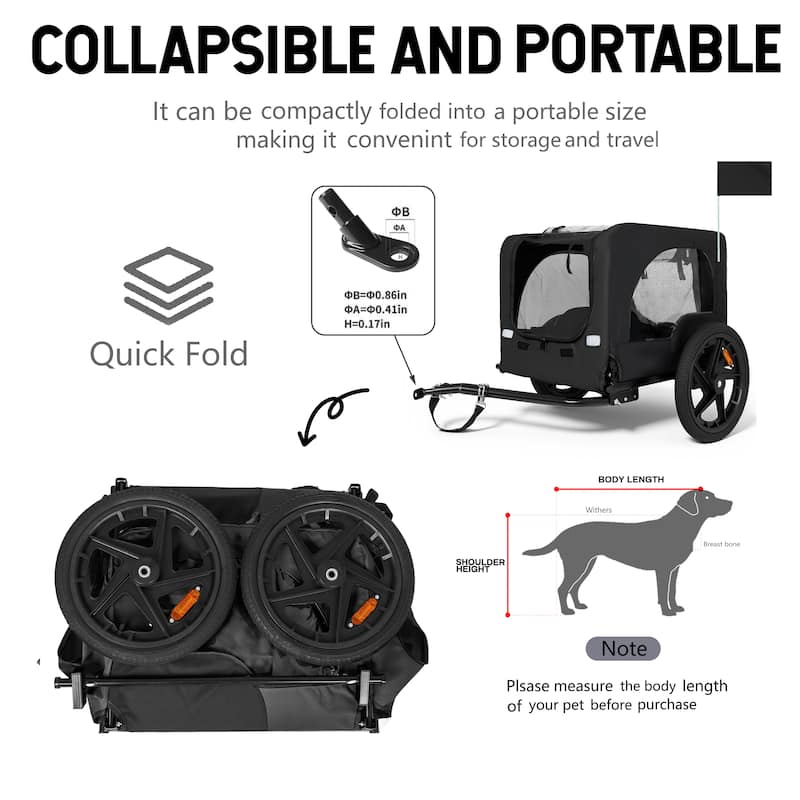 Heavy Duty Collapsible Pet Bike Trailer with 16" Wheels, Foldable Dog Bicycle Carrier Cart with Hitch & Reflectors