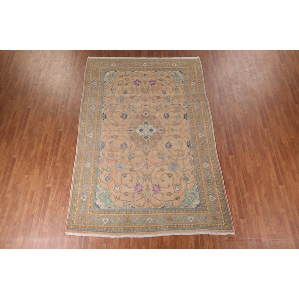 Mashad Vintage Persian Area Rug Hand-Knotted Floral Wool Carpet