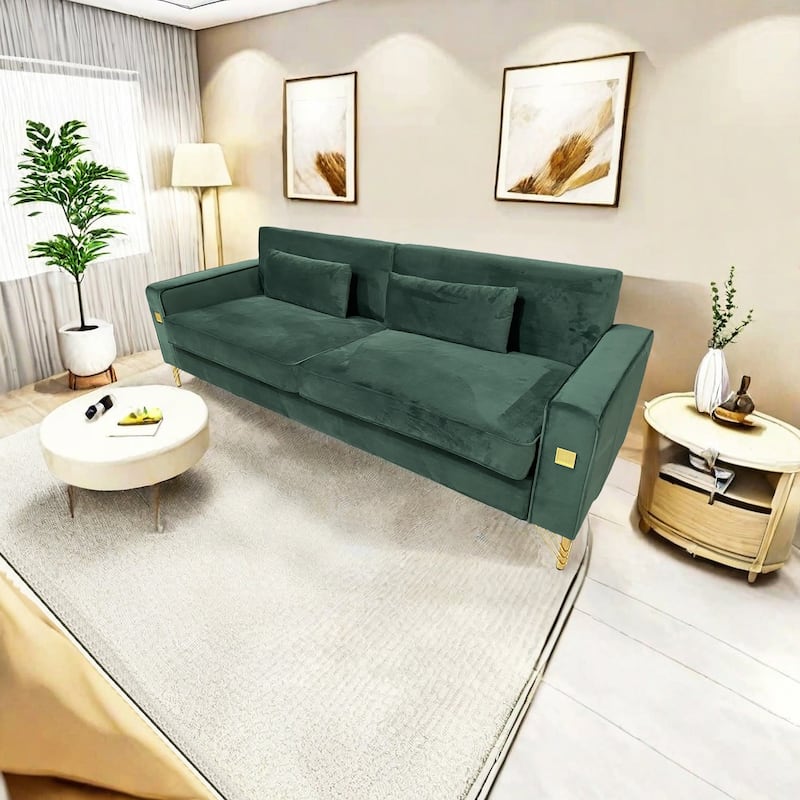 Modern 85.63" Velvet 3-seater Sofa with Gold Accents and Plush Cushions for Living Room
