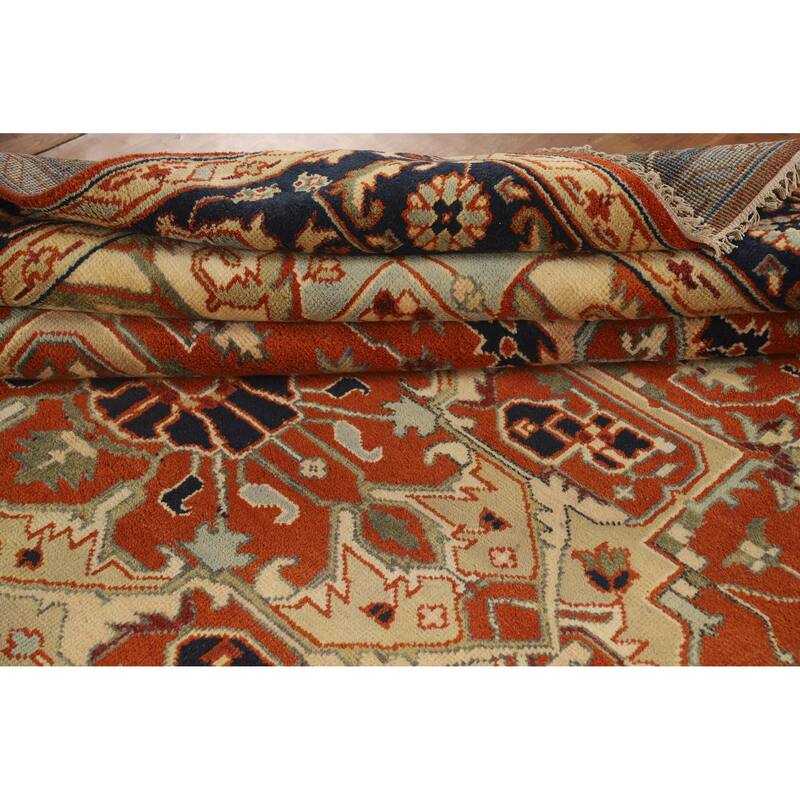 Hand Knotted Oriental 100% Wool Carpet Traditional Medallion Oranges & Rust Heriz (serapi) Area Rug - 11' 10'' X 9' 2''