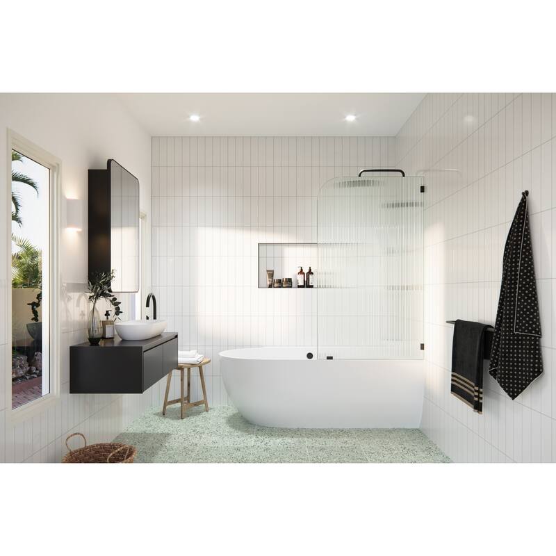 Aurora 58.25 in. x 30 in. Frameless Bath Shower Door - Single Fixed Panel Fluted Frosted Radius Right Hand