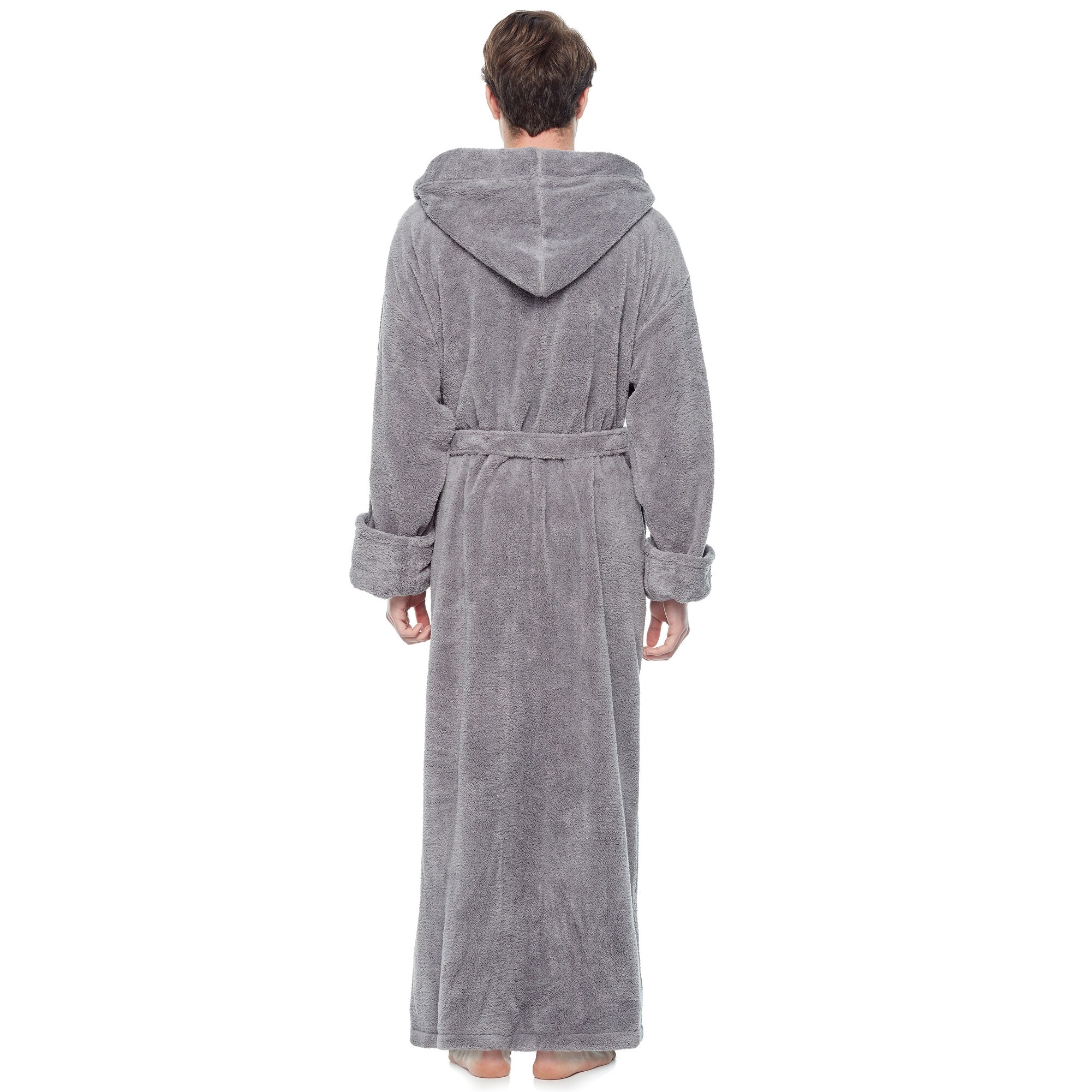 Men s Hooded Soft Plush Fleece Bathrobe Full Length Robe On