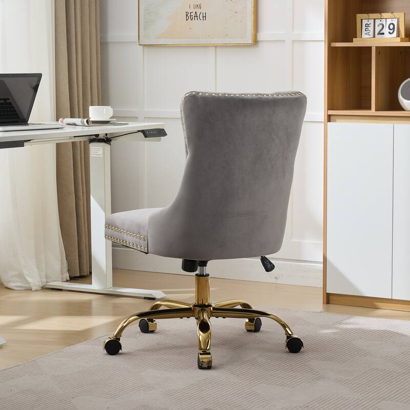 GDF Studio - Velvet Tufted Upholstered Home Office Chair with Golden Metal Base with Swivel Adjustment and Elegant Button Back