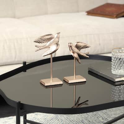 Gold Metal Metallic Bird Decorative Sculpture with Stand (Set of 2)