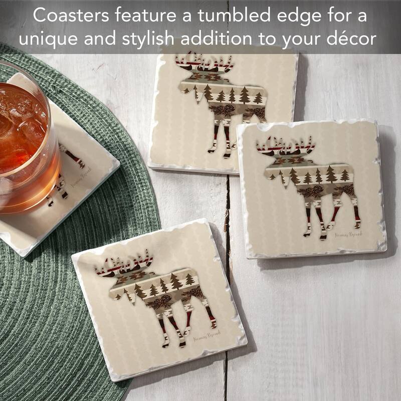 Patterned Moose 4-Pack Absorbent Stone Tumbled Tile Coasters with Protective Cork Backing 4" in The USA Easily Wipes Clean