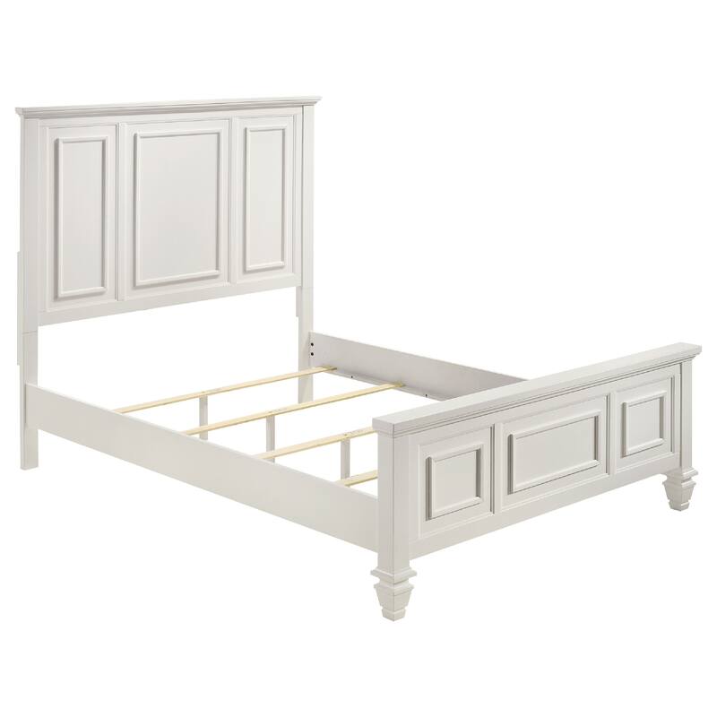 Lila 4 Piece Queen Bed Set, White Wood Panel Headboard, Vanity Dresser
