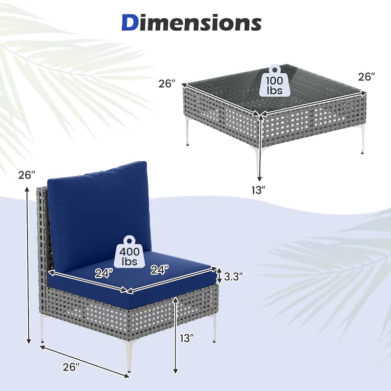 3 Piece Grey Rattan Conversation Chair Patio Set with Blue Cushions Metal Frame and Glass Table - Chair: 26" × 24" × 26"
