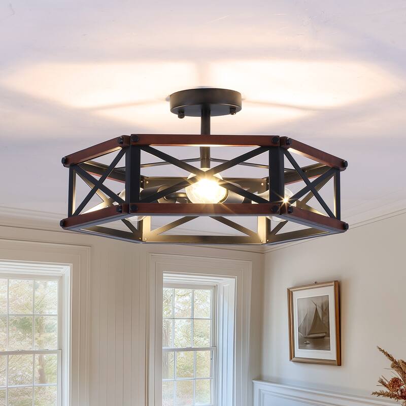 3 - Light Semi Flush Mount Ceiling Light, 18.31in W, Industrial Black Metal and Wood Design - Matte Black - Matte Black