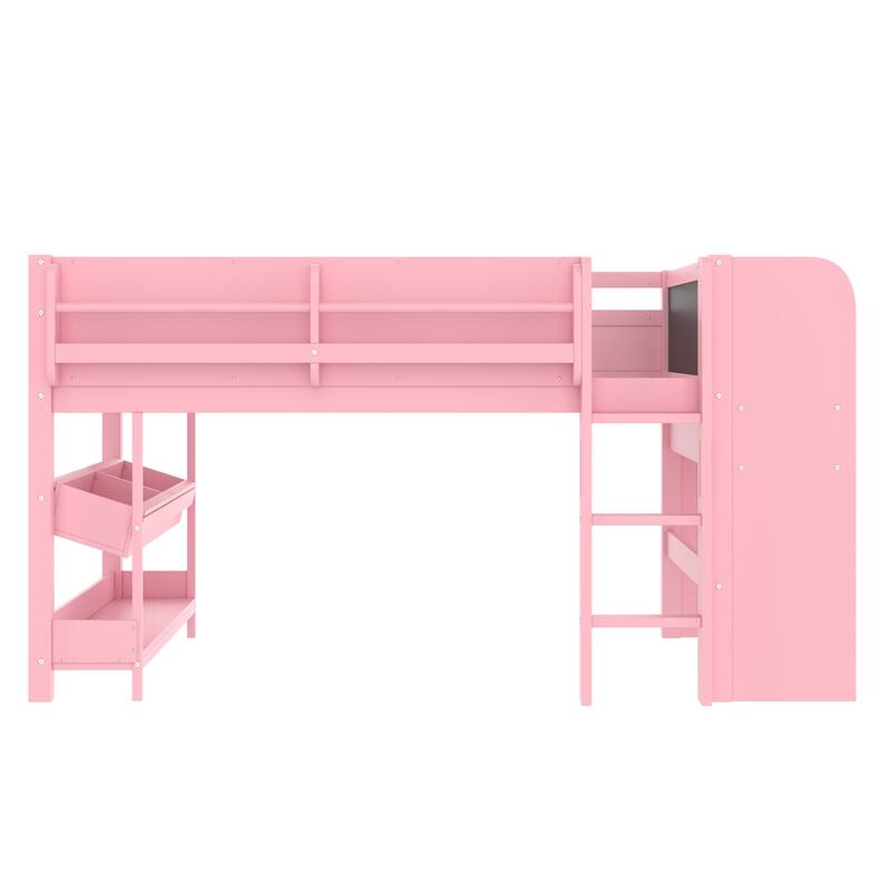Full Loft Bed with Multi-storage Bookcases, Boxes and Drawers, Solid Wood Low Loft Beds with Desk and Blackboard, Pink