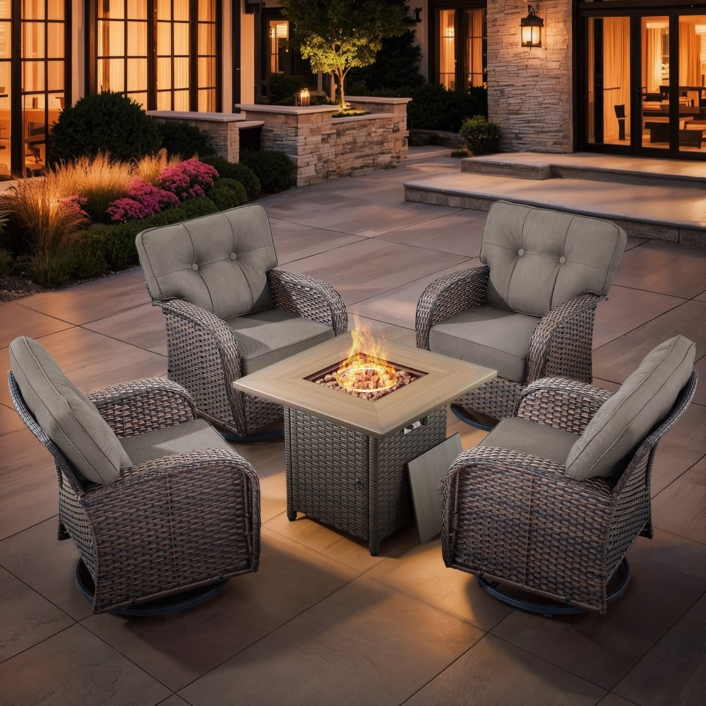 Gymojoy 5-Piece Outdoor Wicker Patio Furniture Set with 55,000 BTU Fire Pit Table, Swivel Chairs & Thick Cushions