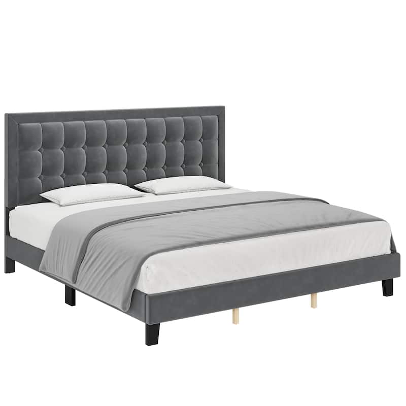 Upholstered Platform Bed Frame with Button Tufted Headboard and Wooden Slats