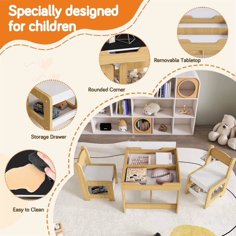 3-in-1 Kids Activity Table Set with Chairs Dual-Sided Whiteboard and Chalkboard for Play - Table-23.62”L x 23.62”W x 18.9”H