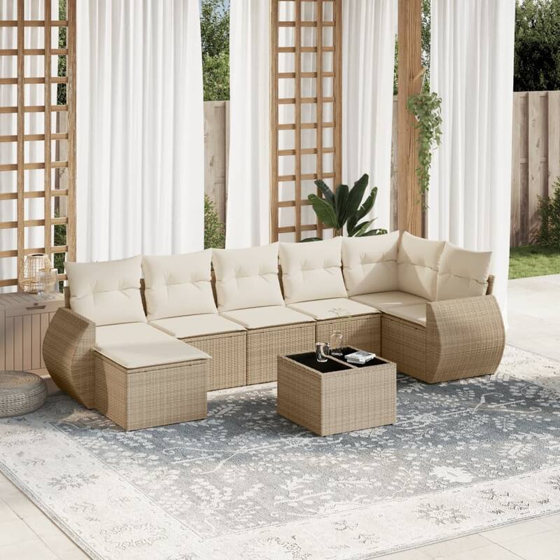 vidaXL Patio Sofa Set with Cushions Outdoor Furniture 8 Piece Poly Rattan - 21.7 x 21.7 x 14.6 - Beige and cream with table