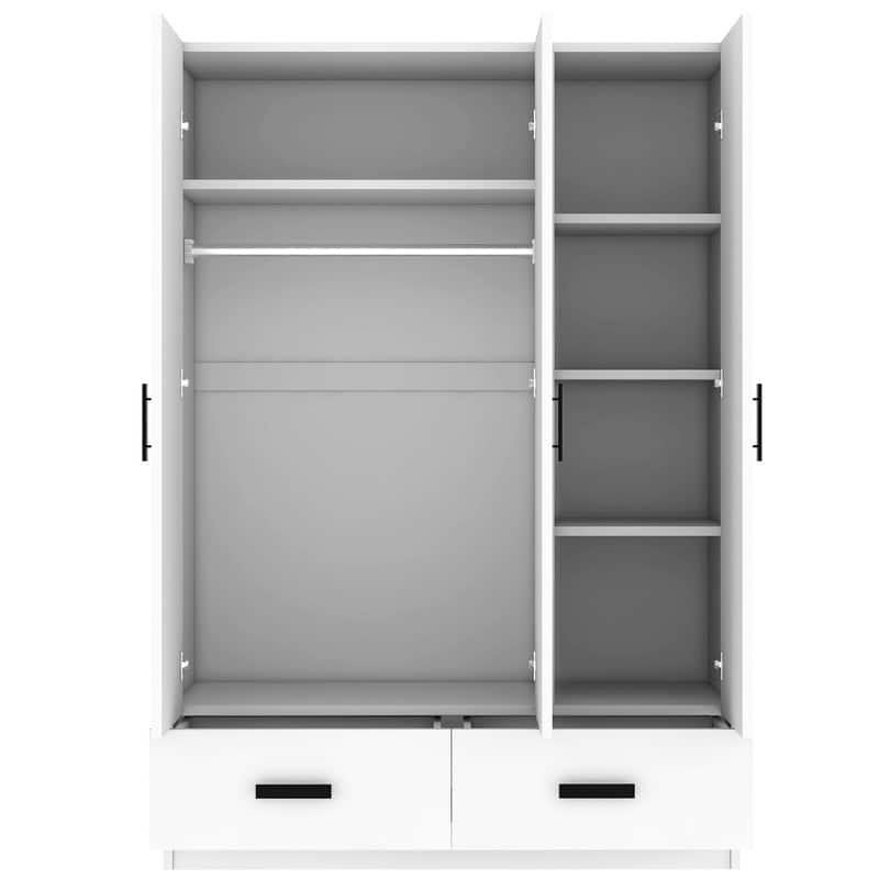 3 Door Bedroom Wardrobe Armoire with 2 Storage Drawers and Hanging Rod, Solid Wood Closet with Storage Shelves