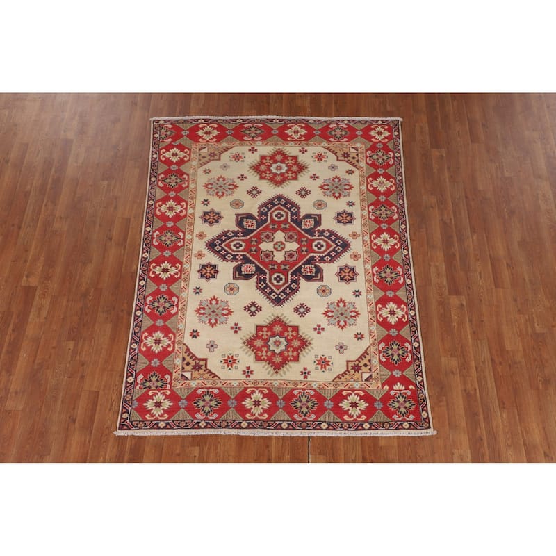 Geometric Kazak Area Rug Hand-Knotted Wool Carpet - 4'11" x 6'5"