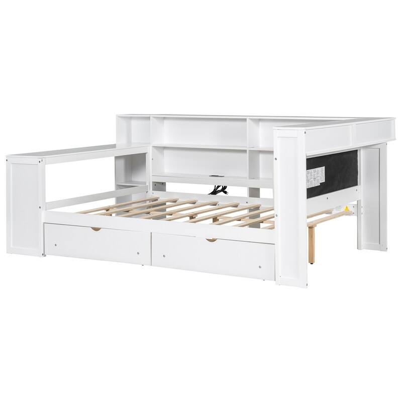 Twin/Full Size Storage Platform Bed w/ Shelves & Drawers, Wooden Daybed w/ Upholstered Headboard, Charging Station & Light