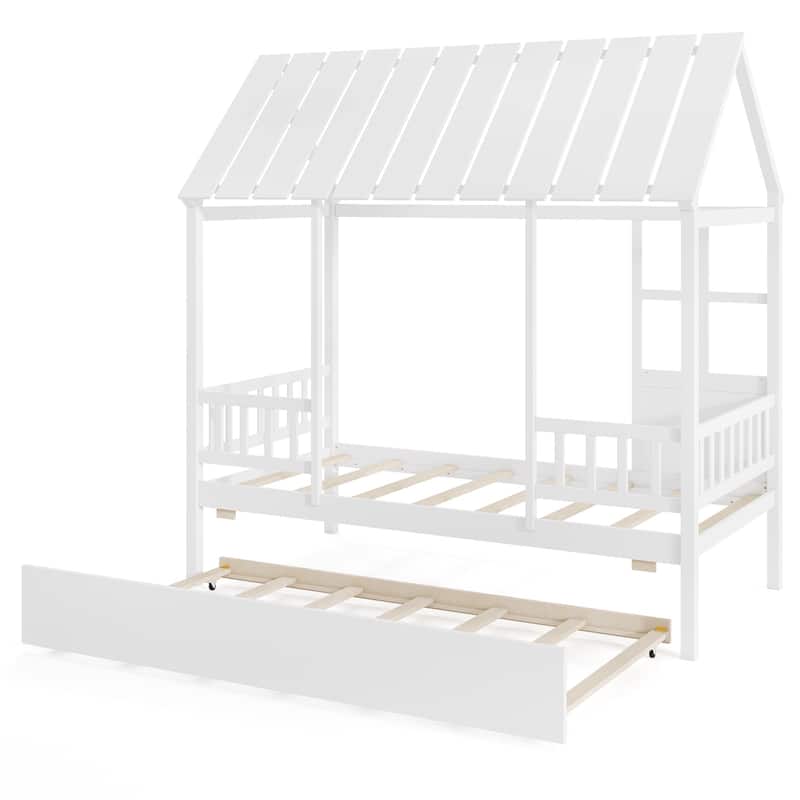 White Wooden Twin Platform House Bed Frame with Trundle and Guardrails for Kids Bedroom