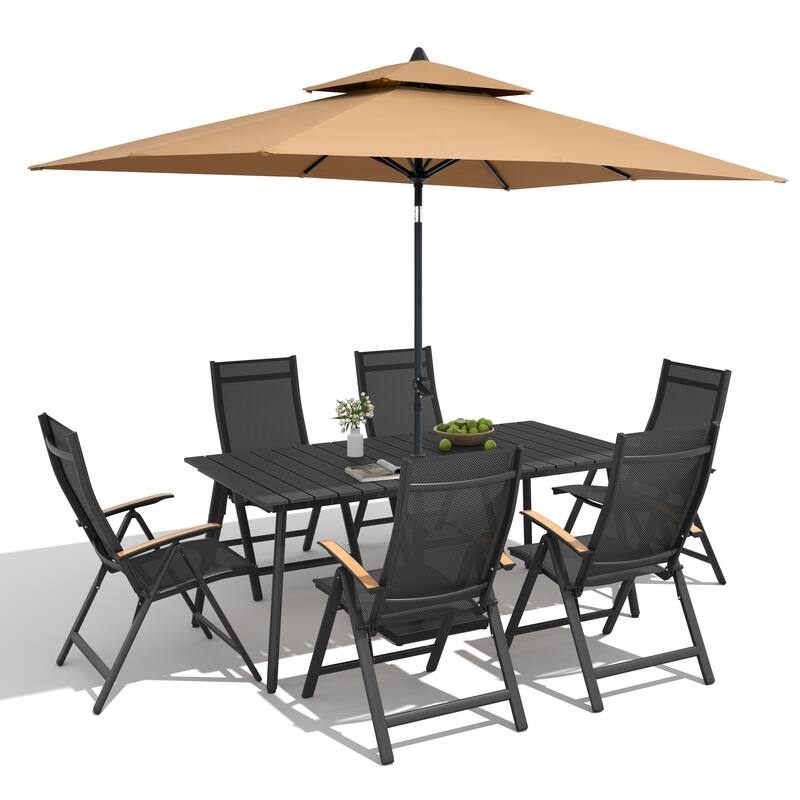 9/11-Piece Outdoor Aluminum Patio Dining Set w/10 ft Umbrella and Base, Rectangle Table and Folding Chairs