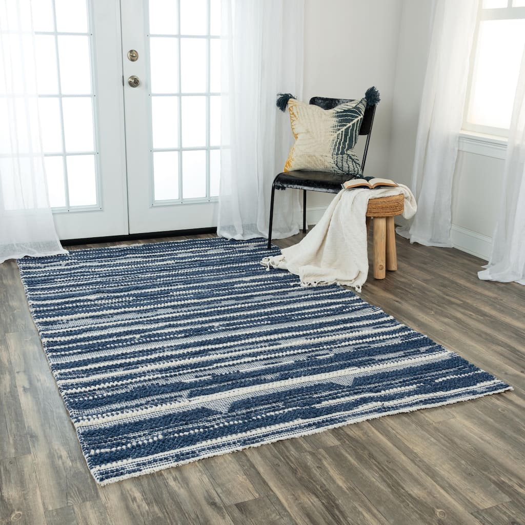 Alora Decor Sun Ivory and Blue Striped Hand-woven Wool Blend Rug