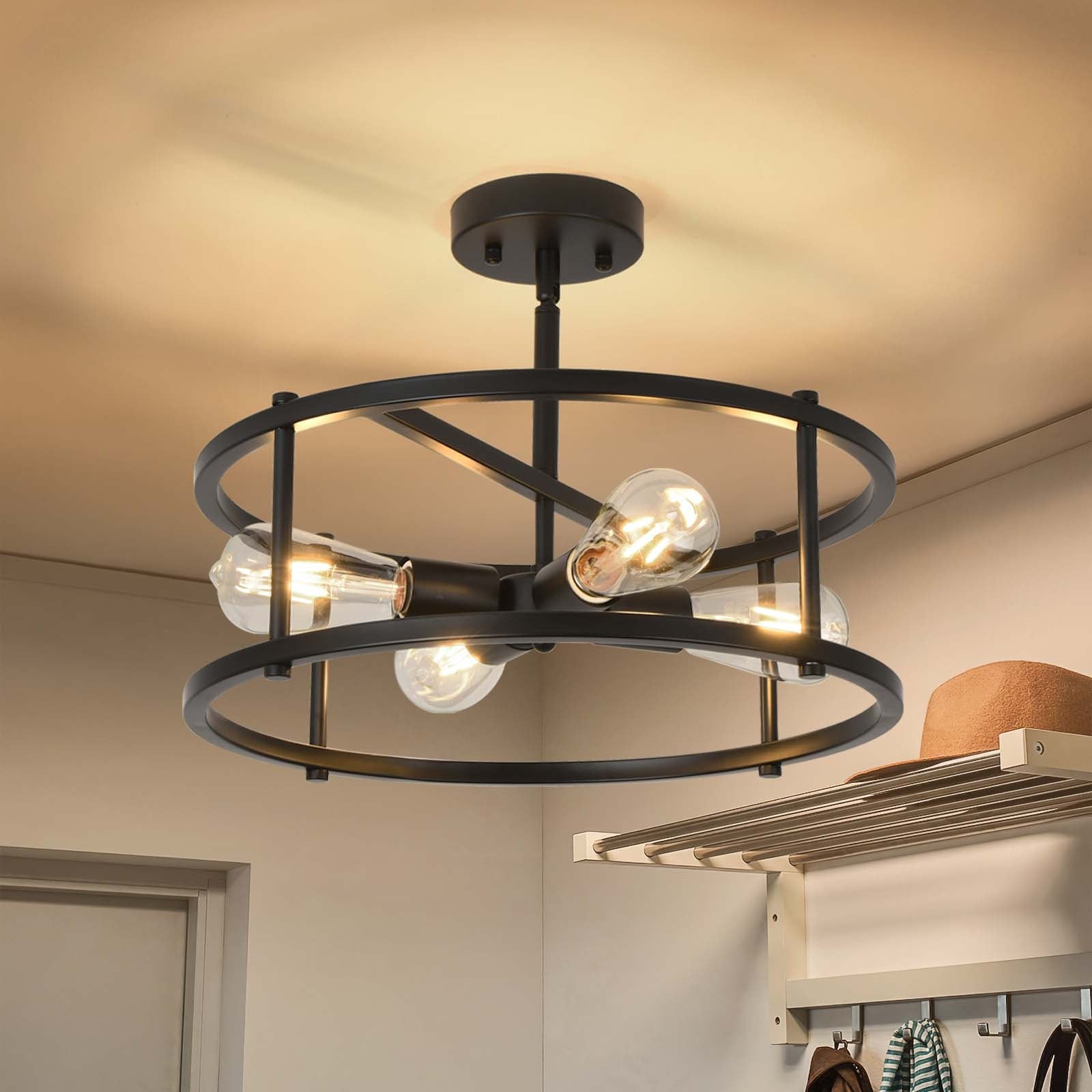 Starsky Industrial 4-Light Caged Drum Black Semi Flush Mount Ceiling Light for Living Room Dining Room Entryway
