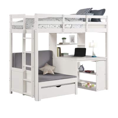 Sirius Twin Loft Bed with Writing Desk, Shelf Unit, White Pine Wood