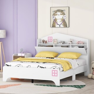 Cute Kids Platform Full Bed with House-Shaped Headboard, White