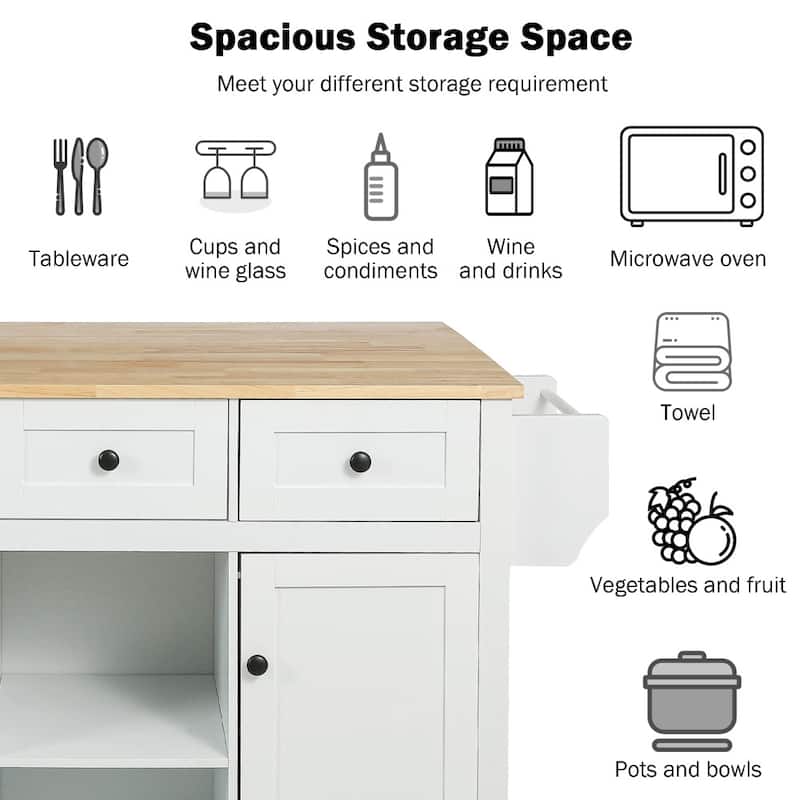 White Kitchen Island on 5 Wheels with Storage Cabinet and 3 Drawers