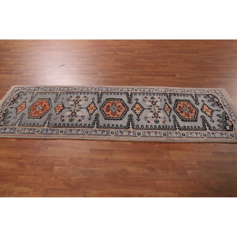 Gray Geometric Viss Indian Runner Rug Handmade Wool Carpet - 2'6"x 8'0"