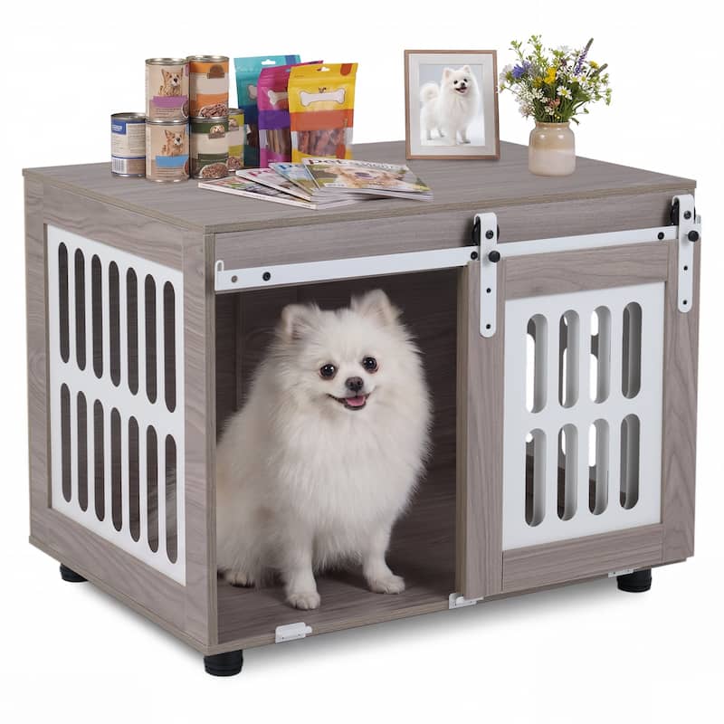 Gymax 31.5'' Dog Crate Furniture w/Sliding Barn Door for Living Room - Grey