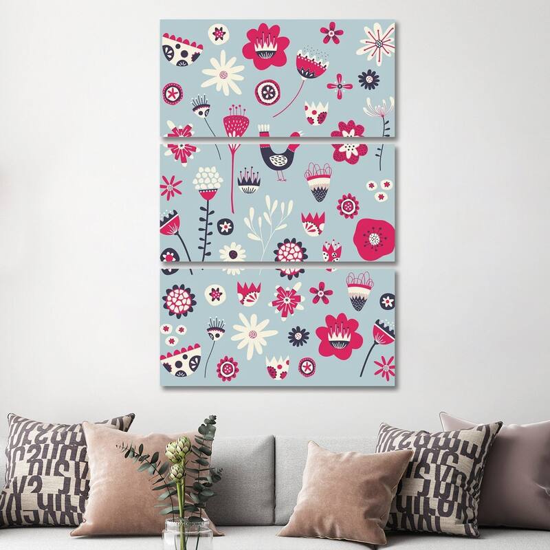 iCanvas "Spring Folk Floral Blue" by Nic Squirrell 3-Piece Canvas Wall Art Set - 60x40x1.5