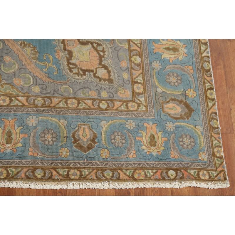 Blue Tabriz Persian Vintage Rug Hand-Knotted Traditional Wool Carpet - 8'6"x 11'10"