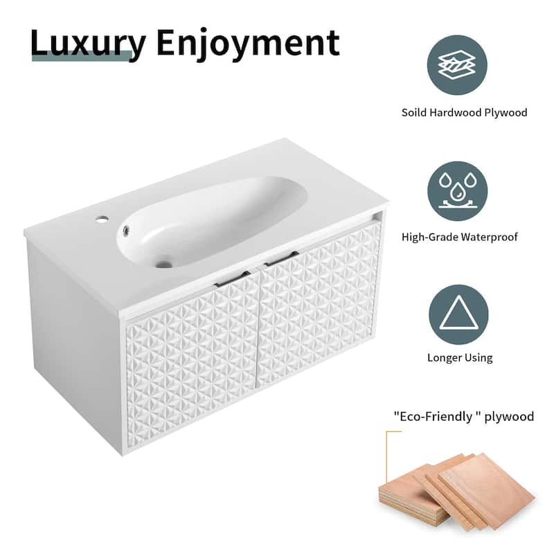 30/ 36 inch Wall Mounted Bathroom Vanity Set in White with Integrated Resin Sink