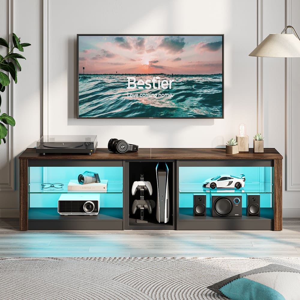 63" TV Stand Gaming Entertainment Center for TVs up to 70" with LED Lights Cabinet and Shelves