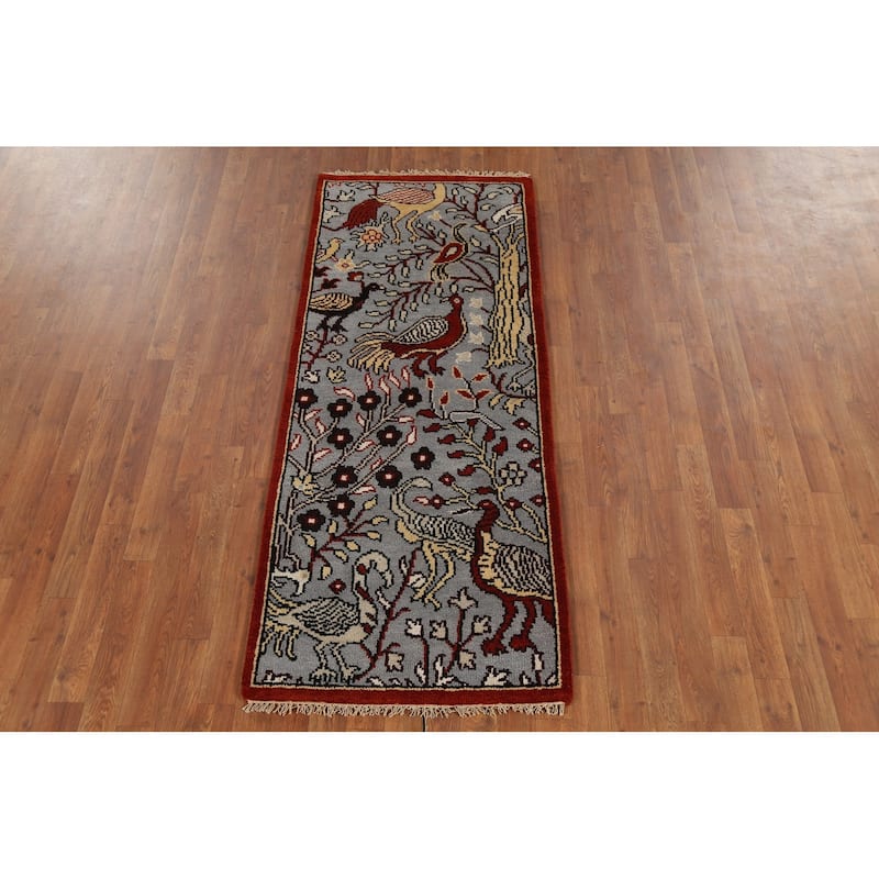 Animals Design Gray Ziegler Indian Runner Rug Handmade Wool Carpet - 2'5"x 6'0"