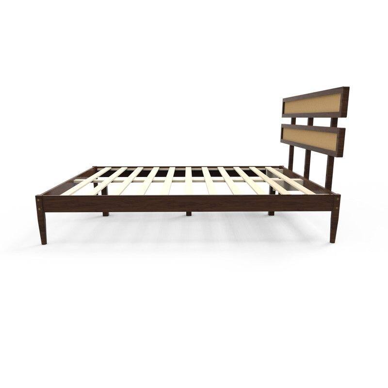 Solid Wood Full Bed Frame Platform Bedframe with Rattan Headboard