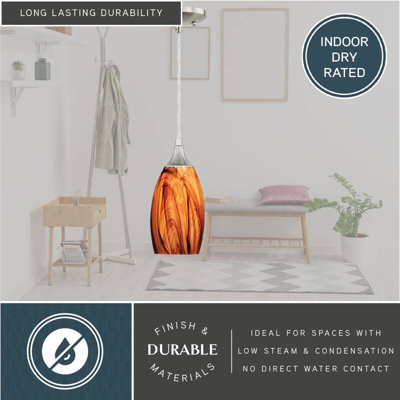 Milano Satin Nickel Mini Pendant Ceiling Light Amber Fire Glass - 4.75-in W x 9.75-in H x 4.75-in D