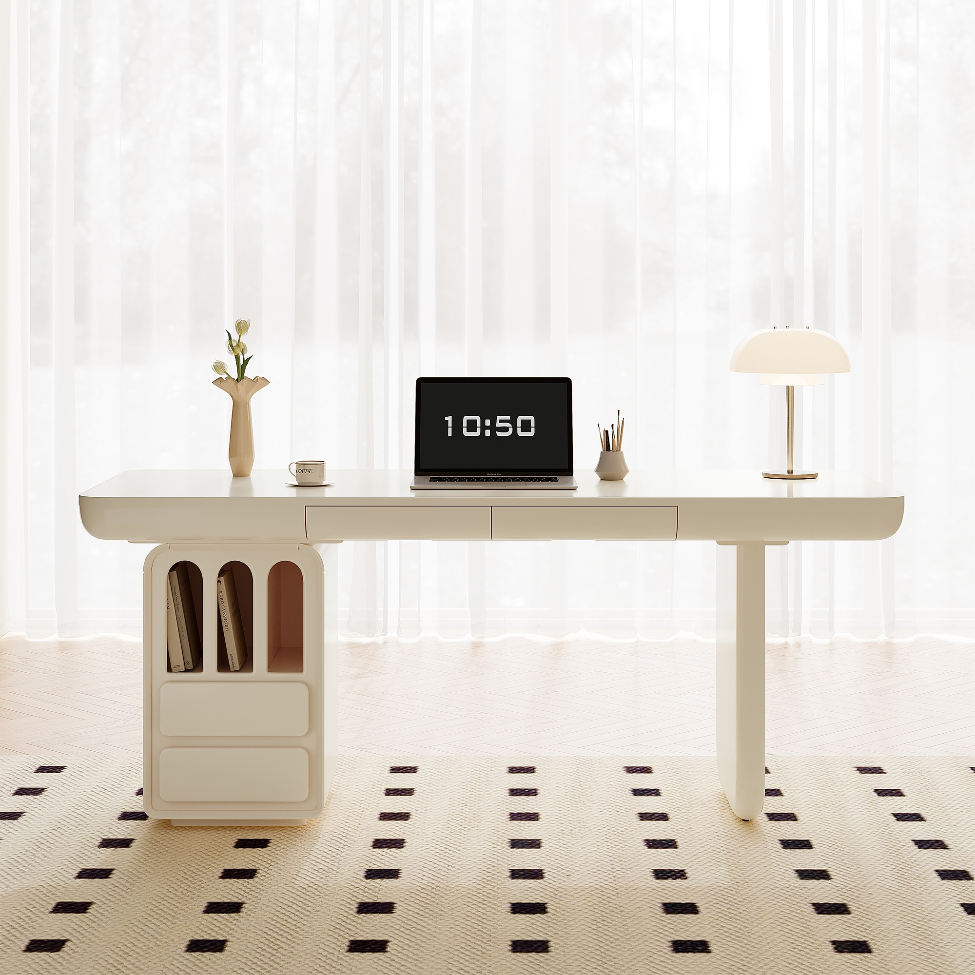 Modern Cream Large Desk with Drawers for Computer Office