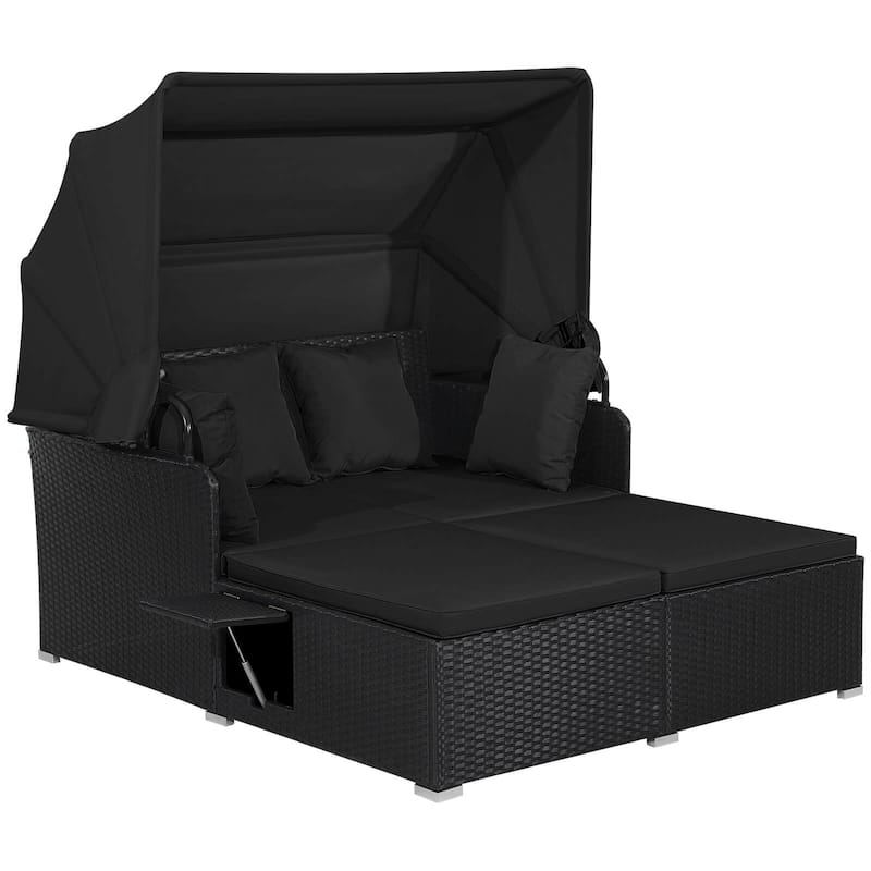 Costway Patio Rattan Daybed Lounge Retractable Top Canopy Side Tables - See Details