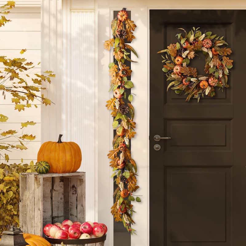 Glitzhome 72"L Fall Harvest Dahlia Pumpkin Berry Eucalyptus Floral Artificial Garland