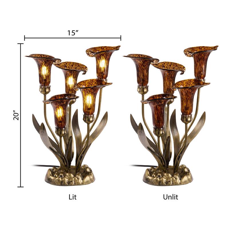20-inch Antique Brass and Hand Blown Glass 5 Calla Lily Uplight Accent Lamp - 15" x 14" x 20"