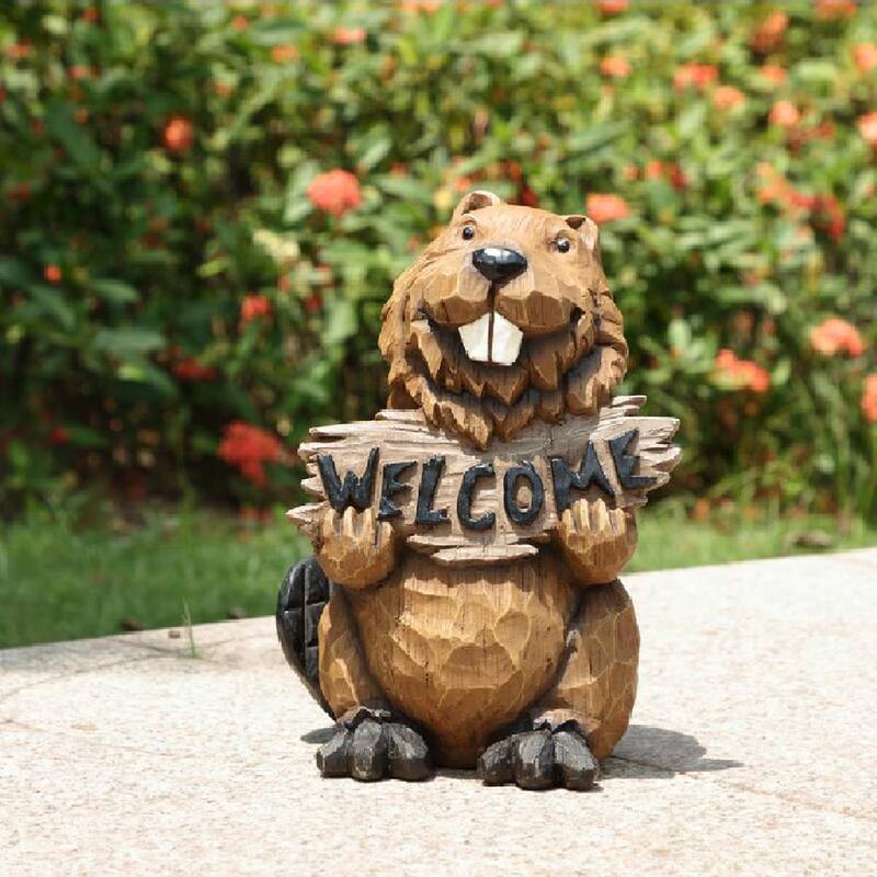 Beaver Holding A Welcome Sign Outdoor Statue - 11.75" - Brown