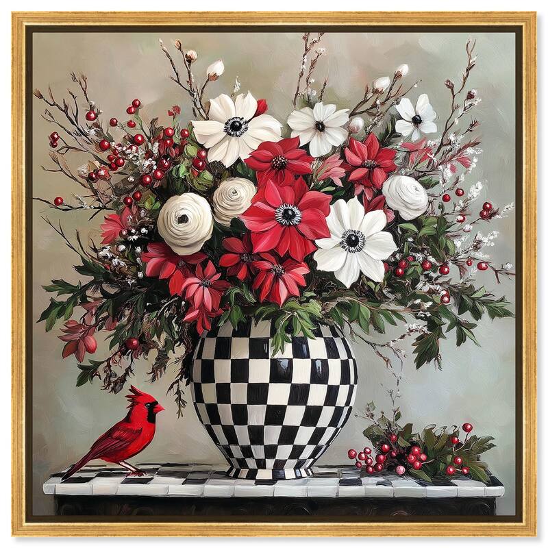 Checkerboard Vase Blooms I Canvas by Art Remedy - Gold - 40" x 40"