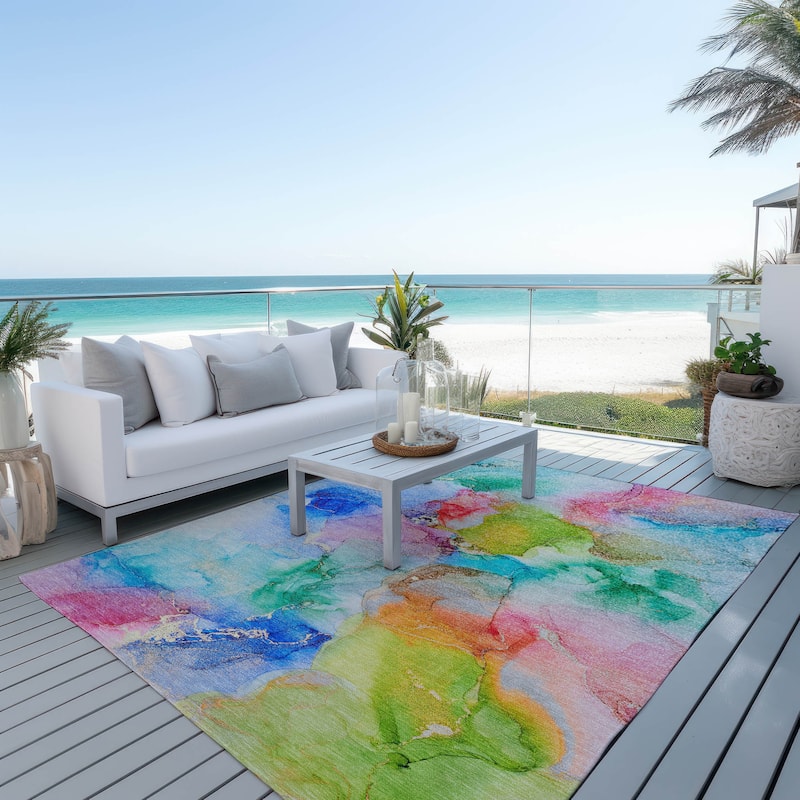 Machine Washable Indoor/ Outdoor Abstract Watercolor Chantille Rug