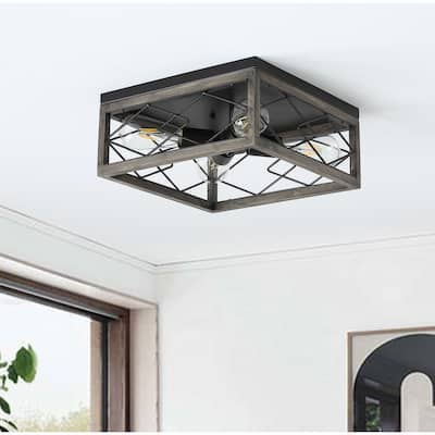 Vintage Black 4-Light Caged Ceiling Lighting with Grey Wood Grain