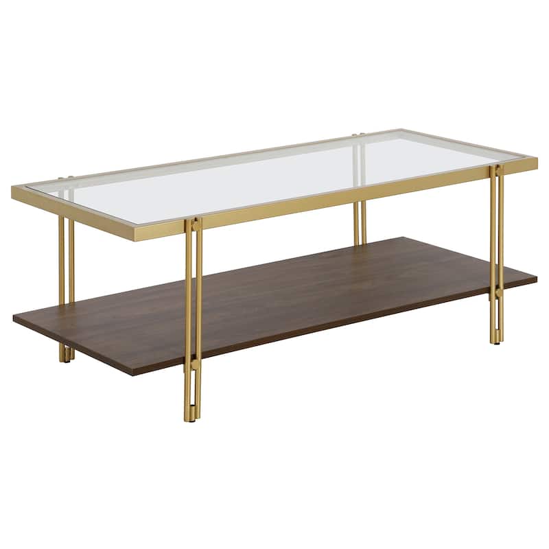 Stylish 45" Coffee Table with Brown Glass Top Gold Steel Legs and Storage Shelf for Living Room - 45"L x 20"W x 17"H