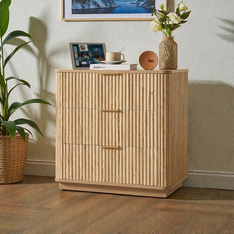 Modern 3 Drawer Dresser with Curved Wavy Panels, 27.56 Inch Wide Chest of Drawers Nightstand for Bedroom