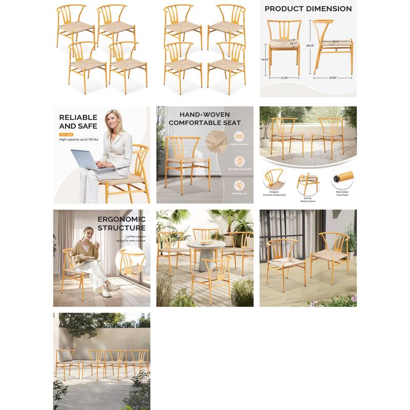 Set of 4 Hand-Woven Rope Dining Chairs with Metal Frame and Curved Back Ergonomic Design - 23” x 18.3” x 31.5”