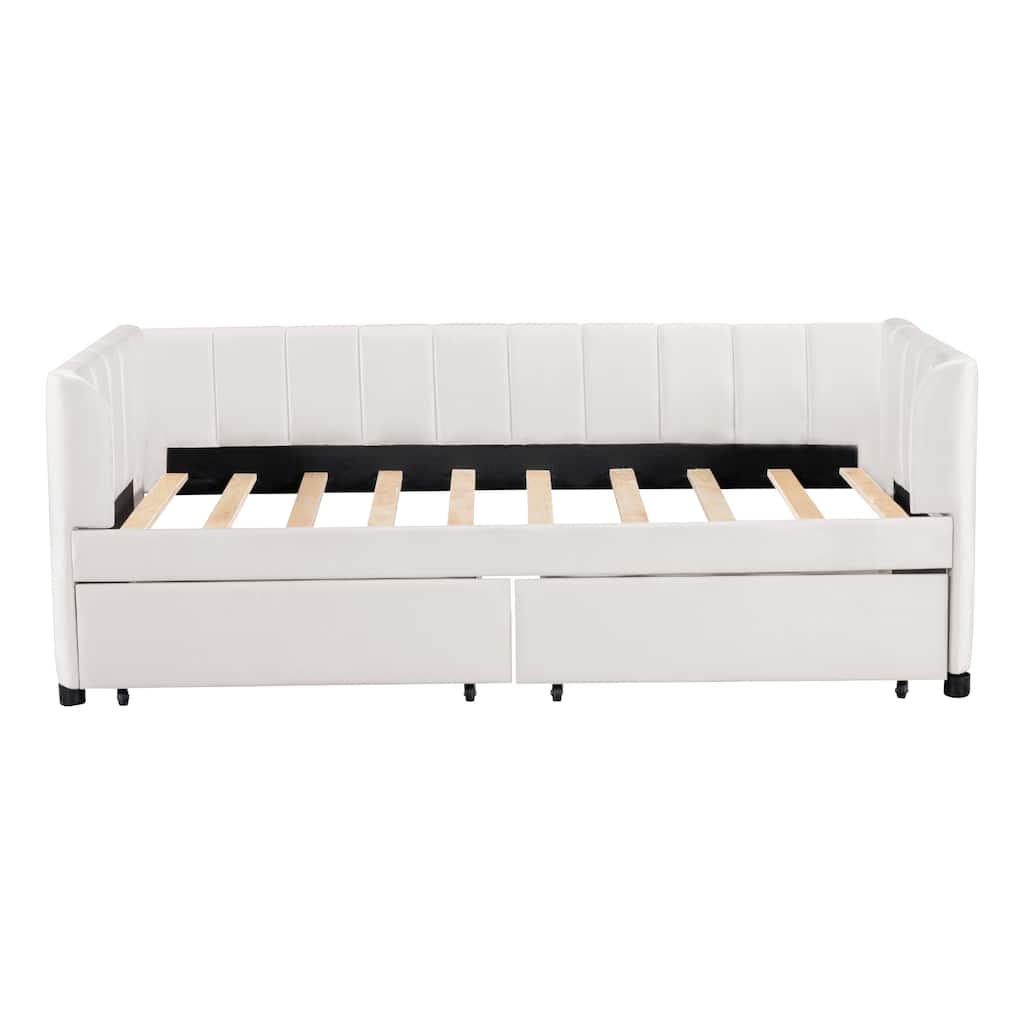Twin Size Daybed Velvet Upholstered Sofa Bed w/ 2 Drawers, Wood Platform Slat Support Bed Frame, Striped Tufted Backrest,Beige