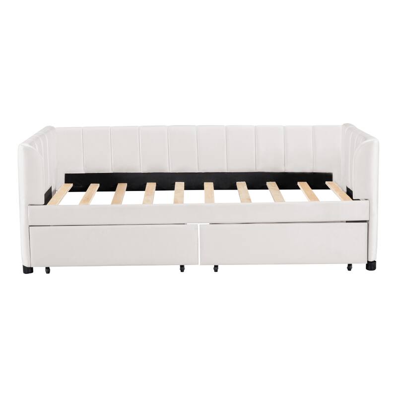 Twin Upholstered Daybed with 2 Drawers for Storage, Ergonomic Backrest, and Stripe Headboard, Perfect for Small Spaces